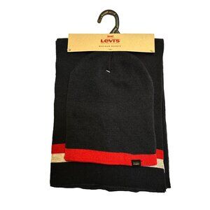 Levis Beanie & Scarf Set - Maximum Warmth - Red/Navy/Gray Stripes Knit Classic